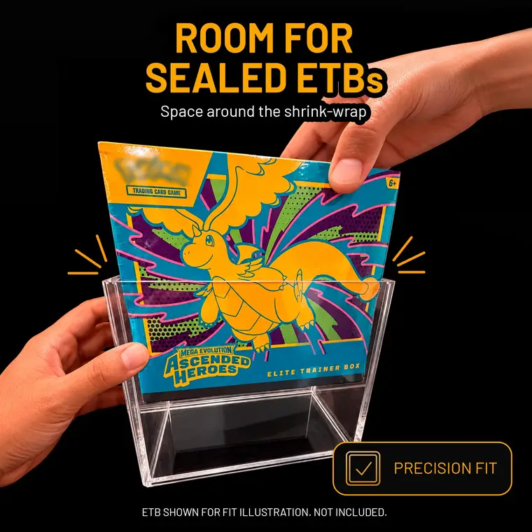 Hands sliding a sealed Elite Trainer Box into a Slab Bunker acrylic case